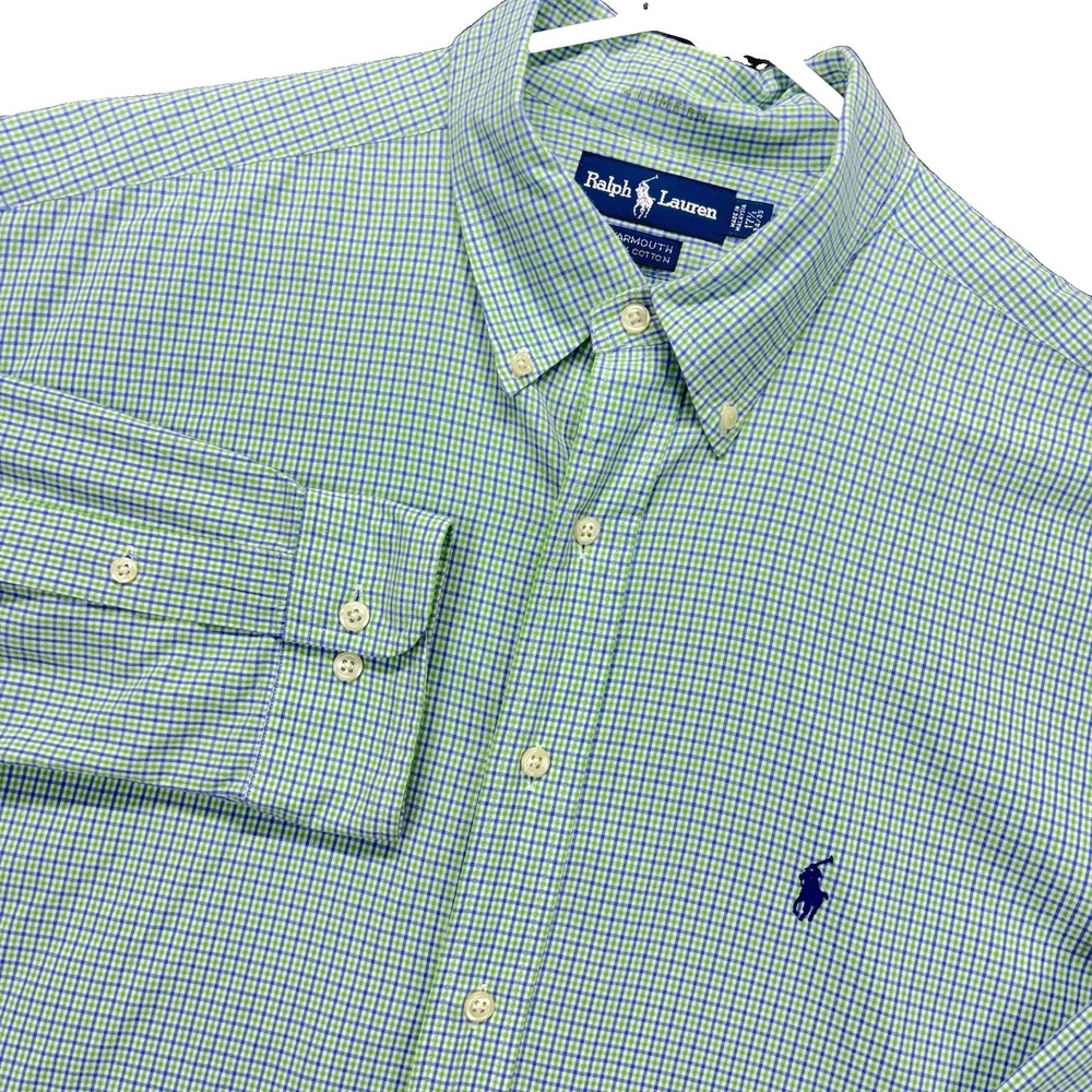 VTG Polo Ralph Lauren Yarmouth Shirt Mens 17.5 34/35 XL Micro Check Green Blue